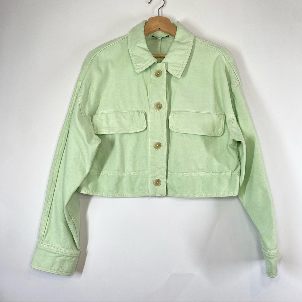 Zara Womens Pastel Green Cotton Boxy Denim Jacket Size M Pockets Relaxed Casual